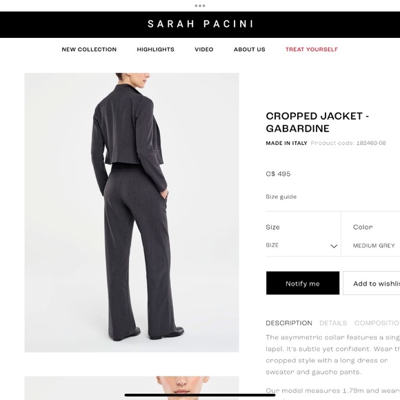 Sarah Pacini Crop Blazer Asymmetrical Collar Gray Wool blend Business Casual S - Picture 2 of 13